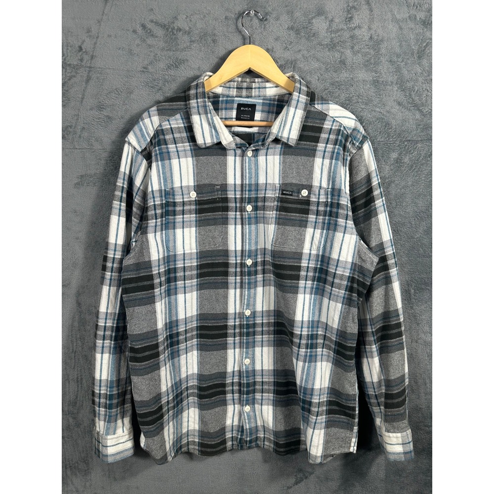 RVCA Mens XL Plaid Flannel Shirt Grey Blue White Long Sleeve Regular Fit Button